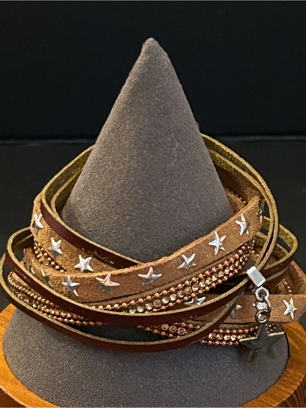 Brown Faux Leather Multi-Row Star Wrap Bracelet with Silver Accents NWT